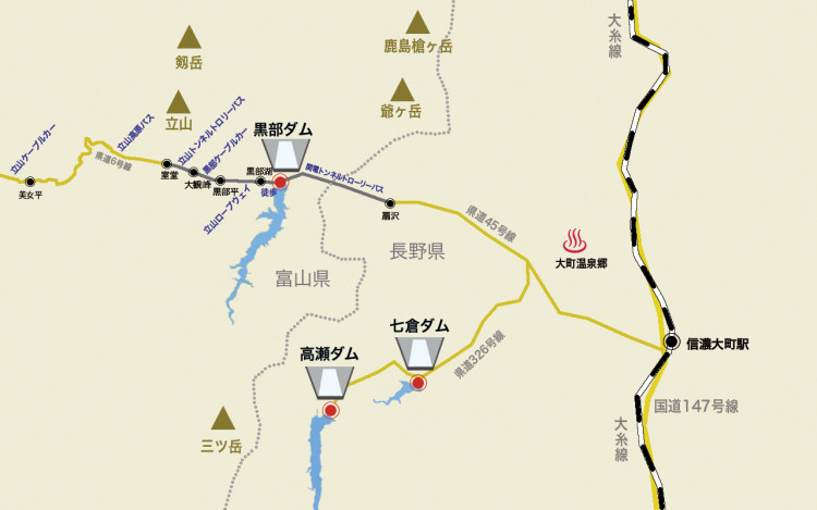 黒部、大町周辺の地図